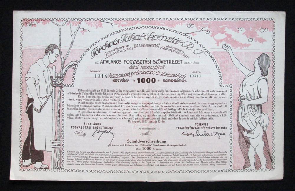 Törekvés Takarékpénztár kötvény 1000 korona 1923